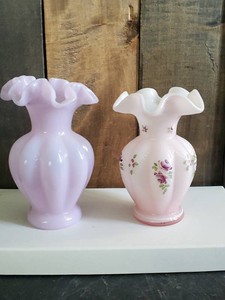 2 Fenton Charlton Collection Ruffled Rim Vases   One Hand Painted and Signed