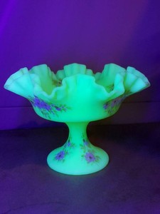 Vintage Fenton Ruffled Custard Satin Hand Painted Signed Pedistal Compote