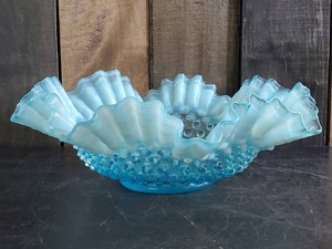 Fenton Blue Opalescent Dew Drop Hobnail Ruffled Bowl  Gorgeous
