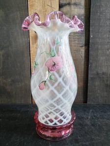 Very RARE Fenton Hand Painted White To Pink Opalescent Diamond Optic Trellis Hurricane and Base Candle Holder Signed  AMAZING