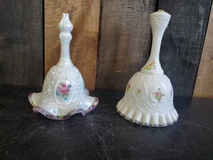 2 Beautiful Milk Glass Hand Painted Fenton Bells Both Signed