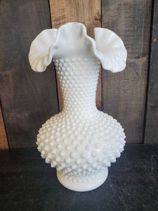 Fenton Hobnail Milk Glass Vase  LARGE Crimped Ruffled Rim Vintage