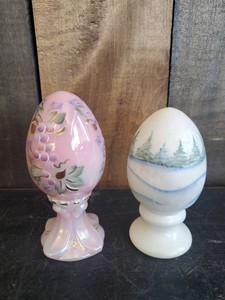 2 Hand Painted Signed Fenton Glass Eggs