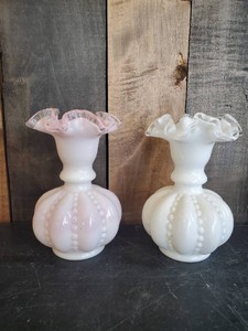 2 Fenton Beaded Ruffled Melon Vases 1 Pink 1 White