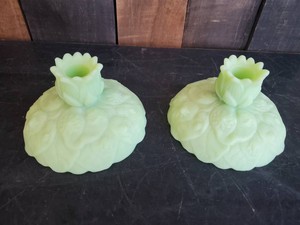 2 Vintage Fenton Green Satin Custard Glass Candle Holders Water Lilly Flower So Pretty