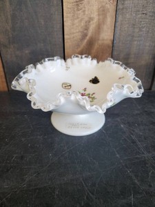 Fenton Silver Crest Milk Glass Hand Painted Footed Candy Dish Bowl