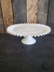 Fenton Milk Glass Silver Crest Ruffled Edge Footed Cake Stand  13