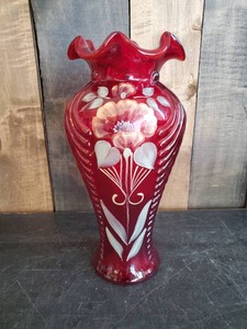 Fenton Art Glass Cranberry Hand Painted Feather Vase Signed  Beautiful