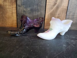 2 Fenton Art Glass Shoes 1 Frosted Satin Hand Painted 1 Amethyst Purple