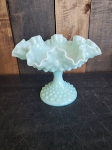 Rare Fenton Turquoise Aqua Hobnail Pedestal Compote Ruffle Milk Glass