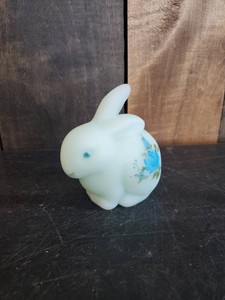Fenton Light Blue Satin Glass Bunny Rabbit Hand Painted Signed