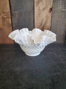Fenton Milk Glass Hobnail Crimped Ruffled Bowl