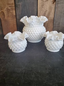 3 Fenton White Milk Glass Hobnail Ruffled Top Vases