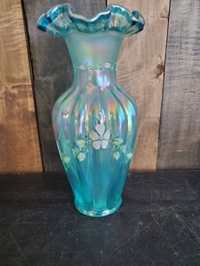 Lovely Fenton Iridized Sapphire Blue Opalescent Large Melon Vase