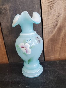 Fenton 2002 Blue Opalescent  Victorias Attic Pattern Vase Hand Painted &amp Signed
