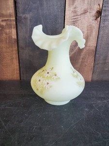 Vintage Fenton Ruffled Yellow Satin Custard Uranium Vase Hand Painted Signed