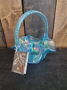 Fenton Iridescent Blue Scalloped Basket Wave Diamond Pattern