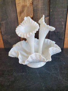 Vintage Fenton Milk Glass Diamond Lace Hobnail Ruffled 3 Horn Epergne Vase