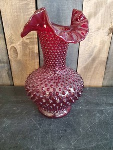 Rare Vintage Fenton Red Cranberry Ruffled Neck Hobnail Bubble Vase