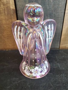 Signed Fenton Pink Iridescent Praying Angel Hand Painted