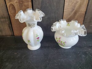 2 Vintage Fenton Hand Painted Signed Bud Vases