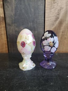 2 Fenton Iridescent Hand Painted and Signed Collectible Eggs
