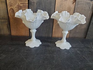 2 Fenton Cabbage Milk Glass Ruffled Compotes