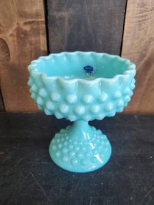Vintage Fenton Aqua Turquoise Pastel Large Hobnail Milk Glass Compote