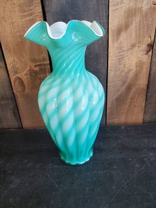 Vintage Fenton Teal Blue Rare Spiral Optic Overlay Glass Vase 11