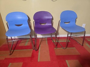 Blue and Purple Molded Chairs with Chrome Sled Bases, Set of Three