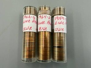 3 Rolls Unc Lincoln Cents 1962D, 1964D & 1959D