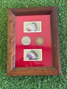 Framed 1937 Buffalo Nickle & 1905 Indian Head Cent with 2 - 25 cent Stamps