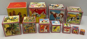 Antique West Germany Chromolithograpgh Stacking Nesting Blocks In Original Box