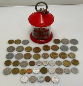 Misc. Foreign Coins And Coin Bank With Pennies