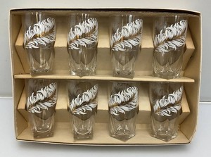Mid Century GlassesBarware Set Of Eight White & Gold Glam Classy Feather plume Design In Original Box