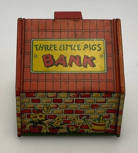 Est. $85.00-$125.00 Vintage J. Chin Tin Litho Three Little Pigs Bank 3 x 3 x 3