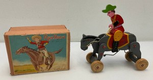 Very RARE 1930s Wooden Key Wind Mechanical Cowboy On Horse With Original Box (WORKS)