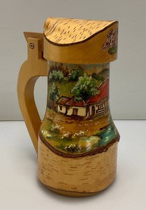 RARE Vintage German Hand Carved Elk Birch Wood Beer Stein, Mug Tree Bark Wood Art piece 9 12