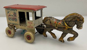 1930s Marx Toylands Farm Products Milk & Cream Tin Litho Key Wind Horse Drawn Wagon 4 12 x 11