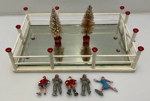 Vintage 1930s Barclay Ice Skaters With Handmade Ice Skating Rink 9 x 14