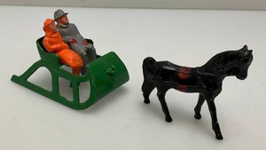 Vintage 1930s Barclay Christmas Village Metal Sleigh, Man, Woman And Horse
