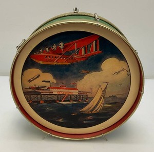 Vintage Childs Drum With Seadrome And Airplane Theme (Back Paper Cracked) 12