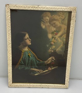 Antique Framed Behind Glass Litho Saint Cecilla With Cherubs 16 12 x 21 12