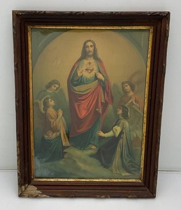 Antique Framed Behind Glass Litho The Sacred Heart Of Jesus 17 x 22