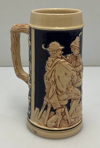 Vintage German Gerz Beer Stein With Bar Patrons Wheat And Navy Blue 7 14