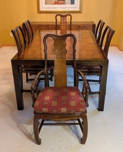 Vintage Century Furniture Asian Chinoiserie Burled Wood Dining Table & 6 Chairs Set