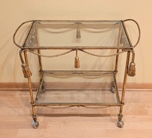 Vintage Hollywood Regency Gold-Gilt Rope & Tassel Design Bar Cart