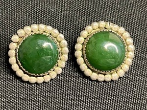 VTG Sterling Silver Clip-On Earrings - Green Cabochon Pair