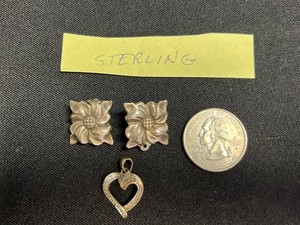 Sterling Silver Jewelry - VTG Floral Clip Earrings & Heart Pendant (Lot of 2)