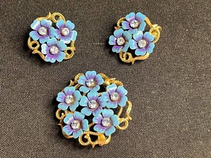 Vintage Brooch w Matching Clip On Earrings Set - Avon Floral Enamel & Rhinestone (Lot of 3)
